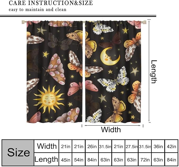 Sun Moon Blackout Window Curtains, Watercolor Butterflies Starry Moths Art Pattern Print Window Drapes, for Living Room Bedroom 84x84in 2 Panels