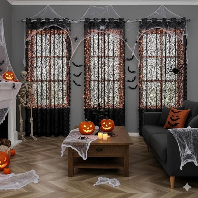 Bujasso Black Sheer Lace Curtains 84 inch Vintage Floral Sheer Gothic Curtain Panels for Living Room Bedroom Luxury Light Filtering Drapes Black Window Treatment Sets Rod Pocket 2 Panels 54" Wx84 L