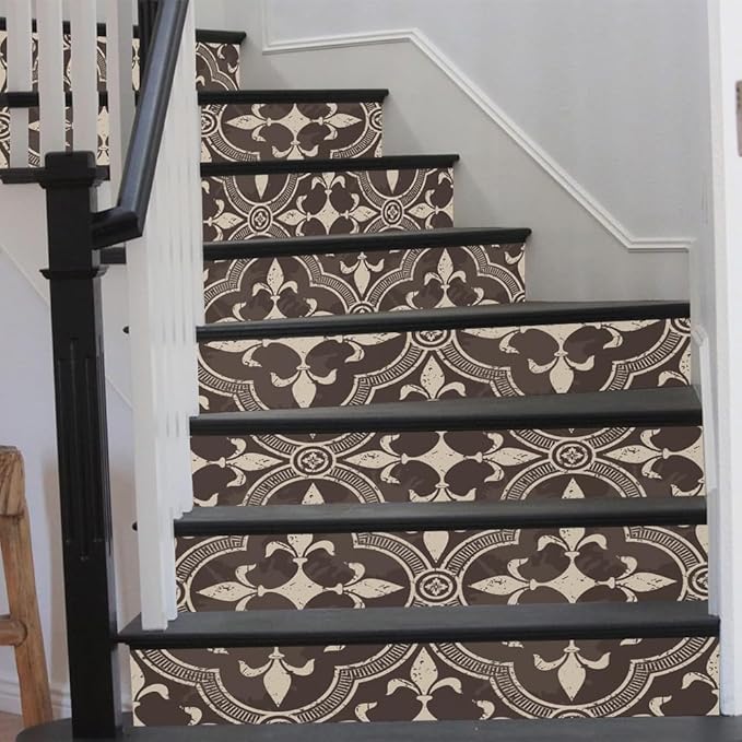 REDAMANCY Vintage Beige Dark Brown Damask Flower Peel and Stick Vinyl Stair Riser Decals Staircase Tile Stickers Decor Modern Marble Decoration Self-Adhesive(14 Pcs)