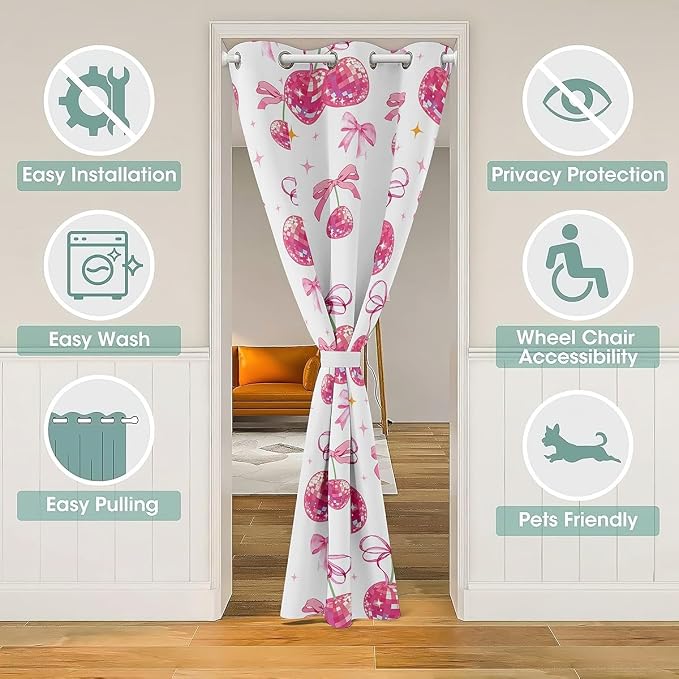Feelyou Disco Mirror Ball Room Blackout Curtain Pink Bow Door Curtain for Doorway Privacy Funky Cute Theme Closet Door Cover Curtain for Bedroom Living Room Set Western Cowgirl Room 1 Panel, 42"x80"