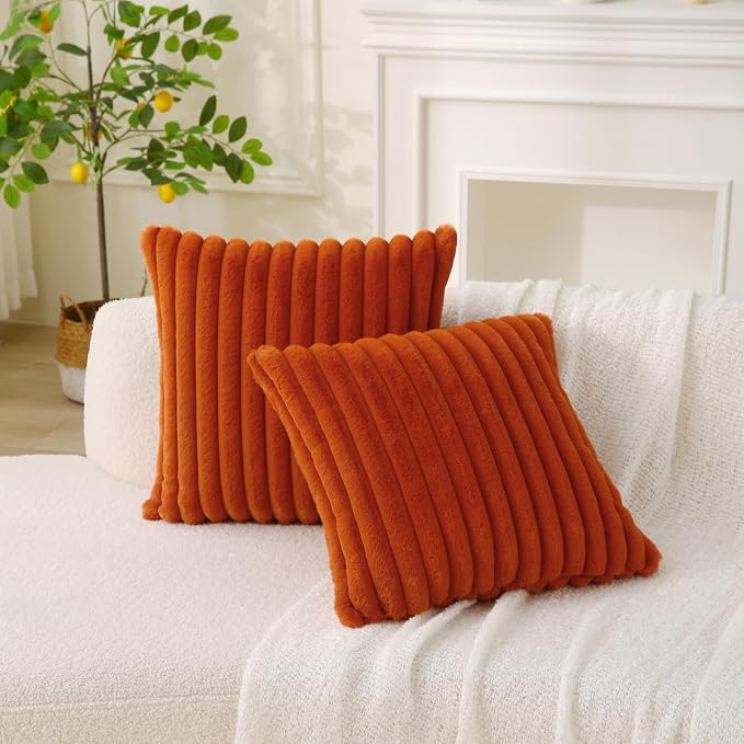 Decorative Throw Pillow with Inserts, Set of 2 Soft Faux Fur Throw Pillows, Square Boho Striped Pillow for Couch, Bed, Sofa Decor (Brownish-Orange, 20" x 20"(Pack of 2))