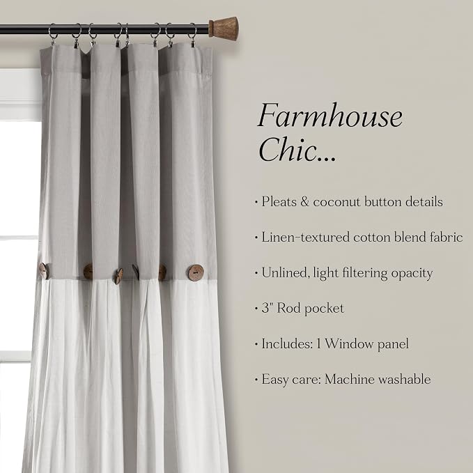 Lush Decor Linen Button Window Curtain Panel, Single, 40" W x 95" L, Gray & Off White- Country Curtains - Rustic Decor - Color Block - Modern Farmhouse Curtains
