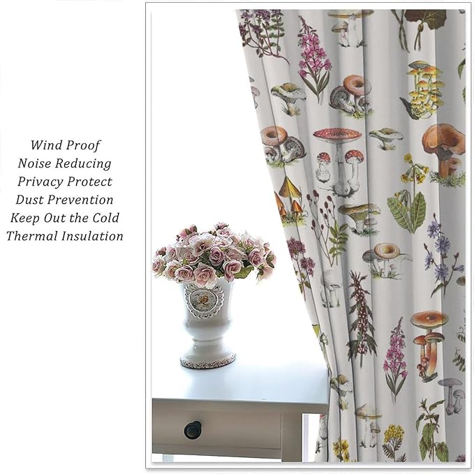 Vintage Botanical Curtains, Rustic Plants Herbs Mushroom Nature Wildflower Print Blackout Window Treatments for Living Room Bedroom Kitchen 42x63in