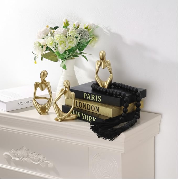 Beeveer 3 Pcs Decorative Books for Home Decor, Faux Books for Decoration, Resin Thinker Statue Abstract Art Sculptures, Rustic Farmhouse Beads Centerpiece for Room Office Shelf Desktop (Black Gold)