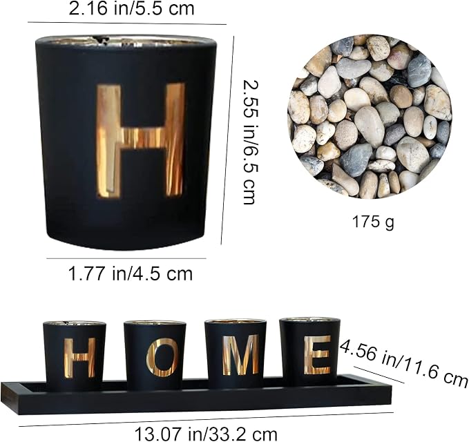 Home Decorative Candle Holder Set, 4 Glass Tea Light Candleholders with Wooden Candle Holders Tray, Natural Pebbles for Home Decor Table Decorations Centerpiece