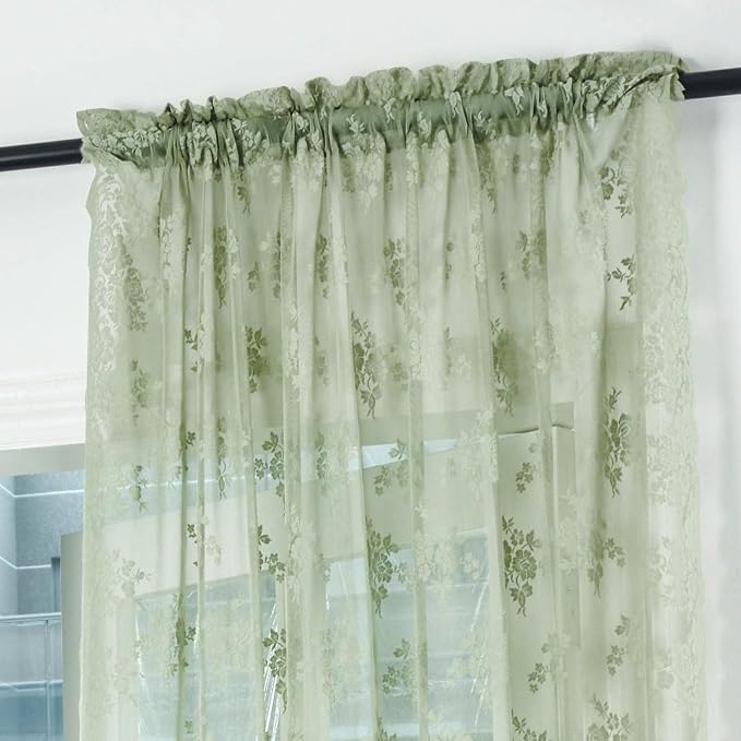 Kotile Green Sheer Curtains 45 Inch Length 2 Panels, Country Rustic Floral Design Sage Spring Curtains for Kitchen Window, Rod Pocket Privacy Sheer Lace Curtain, 42 x 45 Inch Each, Sage Green