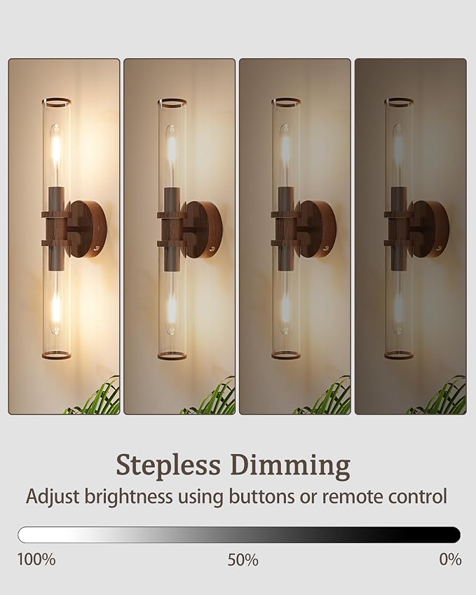 Rayogale Walnut Wireless Battery Operated Wall Sconces with Remote Control | Glass Rechargeable Wall Lights Set of 2 with Timer Function Dimmable for Living Room Bedroom Emergency 3000K, 20.5 Inch