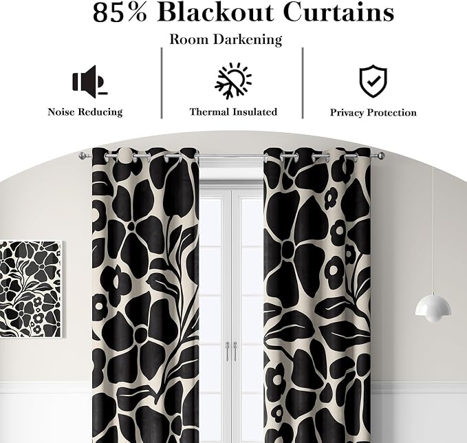 Boho Abstract Vintage Floral Blackout Curtains，Black Retro Flower Leaves Aesthetic Plant Window Drapes，Living Room Bedroom Decor 2 Panels 52x84 Inch