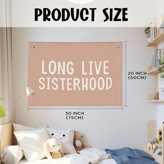 Long Live Sisterhood Nursery Banner - Pink Linen Wall Hanging for Baby Shower, Toddler Room Decor & Girls Bedroom - Sister Friendship Art Inspirational Banner 20x30