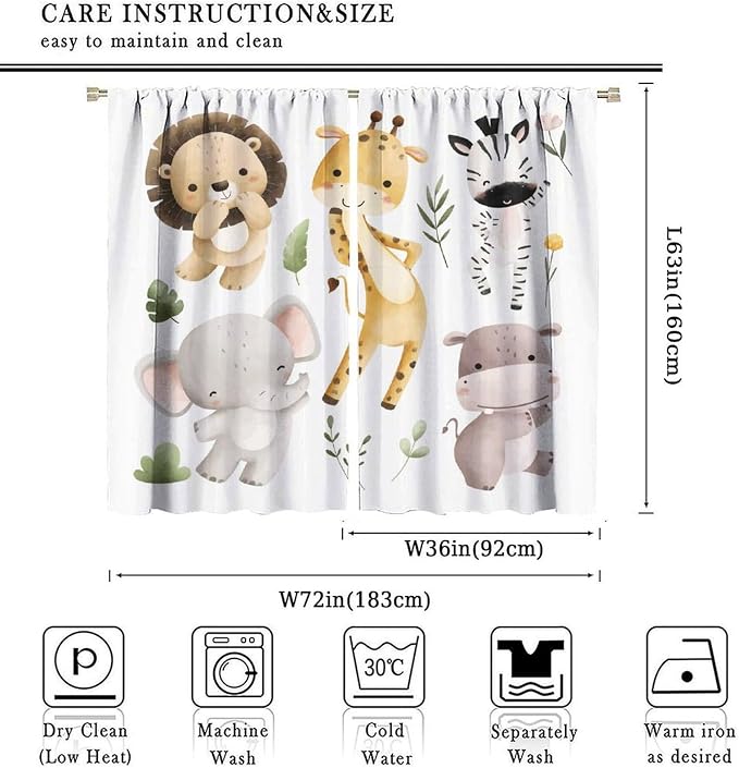 Nursery Curtains Jungle Safari Theme with Giraffe Print, Kids Room Classroom Decor, 72x63 Inches, 75% Blackout Fabric for Baby Nursery, Animal Cub Design, Easy Install & Machine Washable