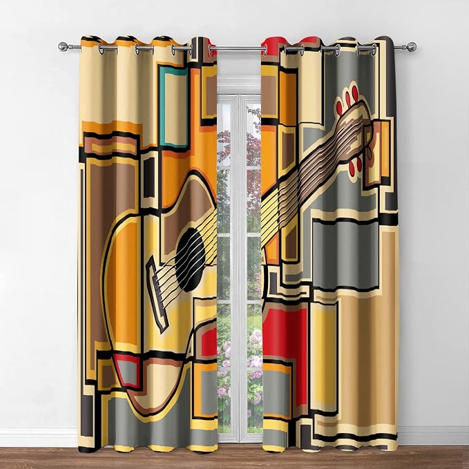 Jekeno Guitar Music Blackout Curtains - Musical Guitar Theme Abstract Geometric Square Shaped Print Decor Apartment Bedroom Living Room Darkening Grommet Window Drapes 2 Panel Set,52"x 84"