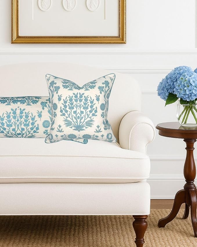 Jillien Harbor “The Charlotte” Bright Sky Blue Floral Block Print Pillow Cover – Off-White Decorative Throw Pillow Cover – Grandmillennial Home Decor, 20" x 20"