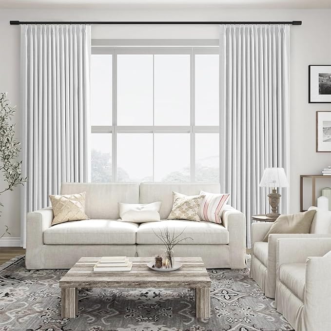 90 Inches Long Blackout White Linen Curtains for Bedroom,Pinch Pleated Insulated Thermal Sound Blocking Curtains,Decorative Elegant Farmhouse Lined Drapes 2 Panels Set for Living Room Sliding Door