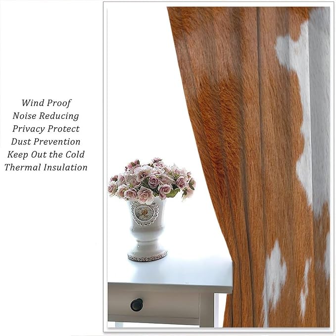 Cowhide Blackout Curtain, Rustic Cow Print Brown Animal Fur Skin Drapes, Window Treatments Rod Pocket 2 Panels Curtains for Kitchen Bedroom Living Room Offiec Decor 63" W X 63" L