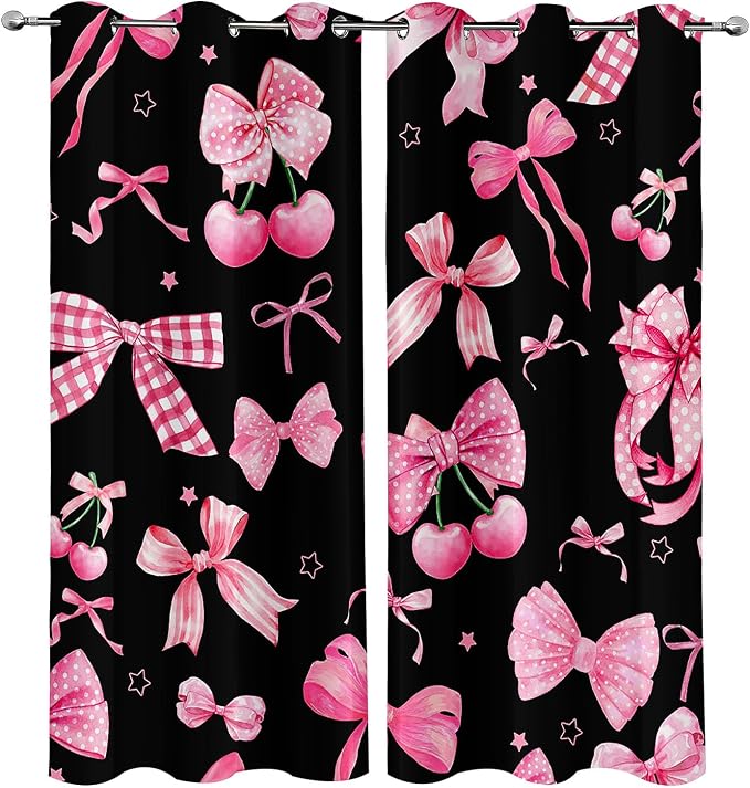 LUVIVIHOME Pink Bow Cherry Curtains, Cute Blackout Curtains, Girls Bedroom Decor, Girly Black Curtains, 2 Panel Sets, 52x84 Inch