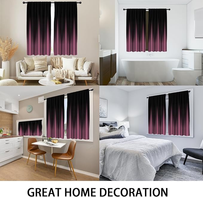 Coxila Pink and Black Window Curtains for Bedroom 42 x 63 Inch Rod Pocket Ombre Dark Girls Girly Gothic Goth Women Modern Abstract Cool Anime Art Living Room Treatment Set of 2 Curtain Panels Drapes