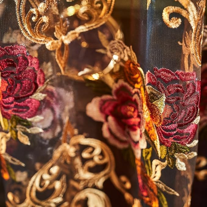 NAPEARL Luxury Embroidered Curtains for Living Room, European Style Curtain Drapes with Floral Patterns Pull Pleated Tape (52W x 96L, Floral 1)