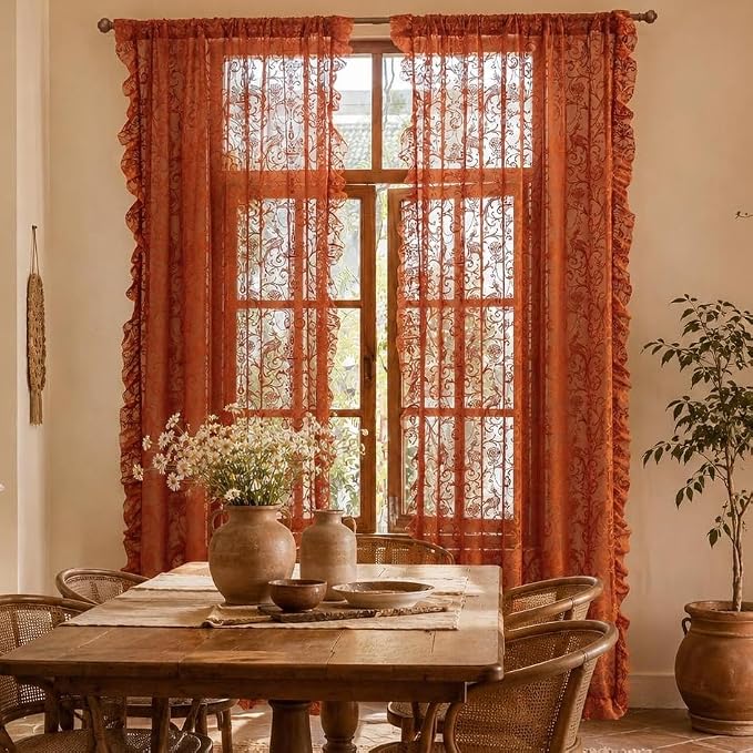 TUDECO Lace Orange Curtains for Living Room 108 Inches Long - Cottage Core Floral Sheer Long Rust Colored Curtains 2 Panels, Rod Pocket Privacy Orange Bedroom Decor, 59W x 108L Inch