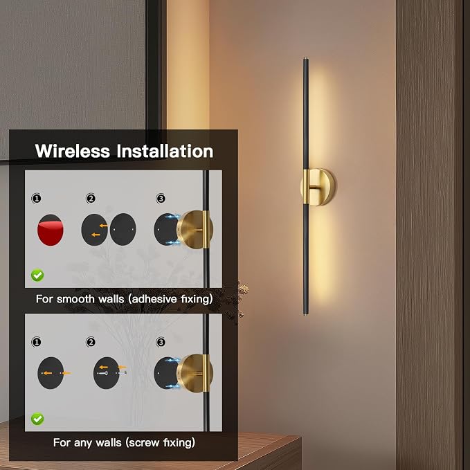 Battery Operated Wall Sconces Set of Two 360° Rotate Wireless Rechargeable Light Dimmable with Remote - Black Gold Modern Sconces Cordless Magnetic Wall Decor for Home Bedroom Timer 31.5 in