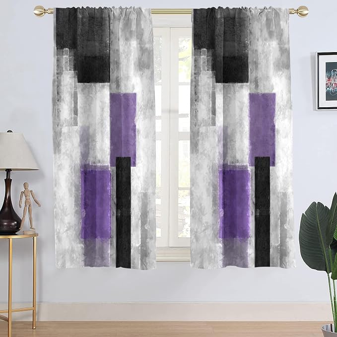 AAtter Purple Grey and Black Abstract Curtains for Living Room, Modern Art Fabric Rod Pocket Window Drapes for Bedroom, Dark Gradient Geometric Aesthetic Room Decor, 42" W x 63" L, 2 Panels