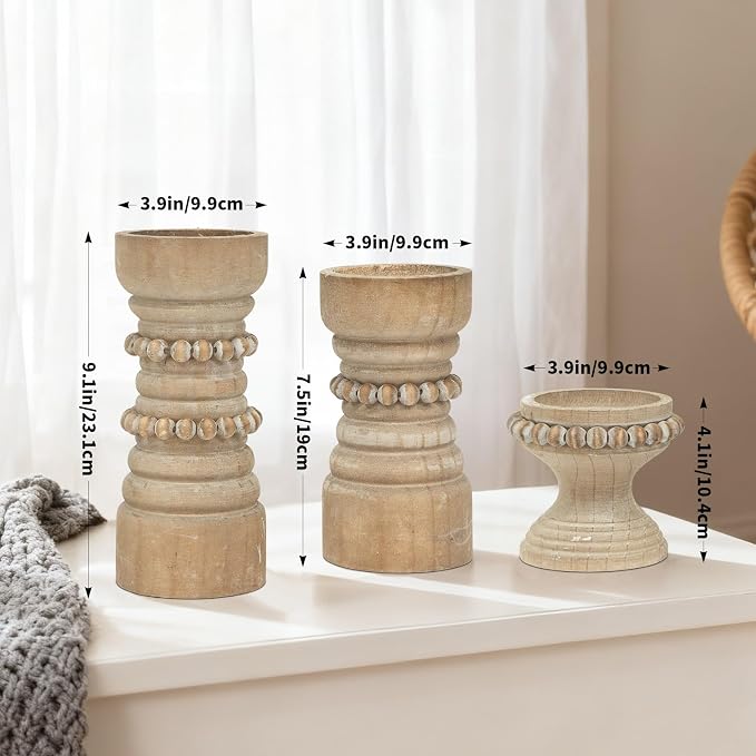 Rustic Natural Wood Candle Holders Set of 3, Farmhouse Beaded Wood Pillar Candle Holder, Candle Holders for Pillar Candles & Candlesticks, Candle Sticks Holder Decor for Table Centerpiece