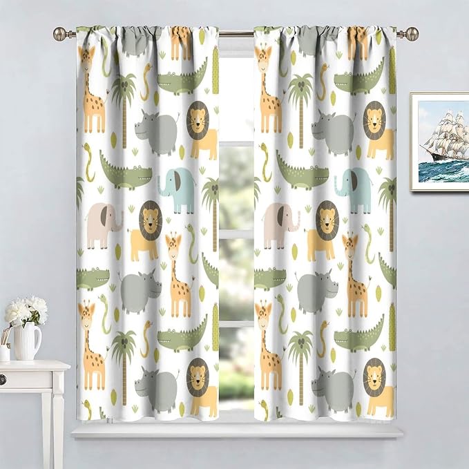 YCness Nursery Safari Animals Curtains, Baby Boy Girl Kids Woodland Jungle Forest Lion Elephant Printed Curtains for Living Room Bedroom Window Drapes 2 Panel Sets42x45 Inch