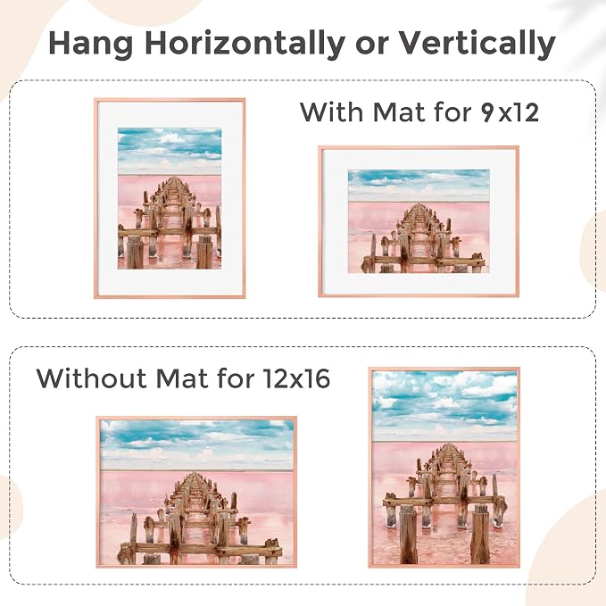 FLYJOE 12x16 Metal Picture Frame For Wall With Mat For 9x12, 12''x16'' Aluminum Certificate Document Frames With Tempered Glass, Minimalist Poster Frame Horizontally Vertically Set of 3, Rose Gold