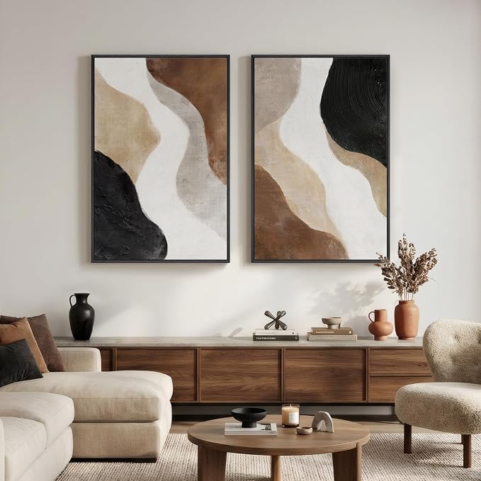 Large Framed Neutral Abstract Wall Art Set of 2 for Living Room, Brown Black White Minimalist Print Canvas Artwork for Walls, Contemporary Mid Century Modern Wall Decor for Bedroom Office, 24x36 In