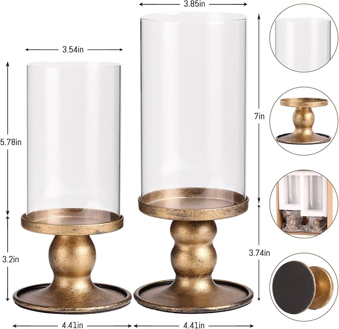 NITIME 2pcs Hurricane Candle Holder for Pillar Candles, Antique Brass Iron Candle Holders with Clear Glass Sleeve for Table Centerpieces, Pillar Candle Holders for Home, Wedding Decor
