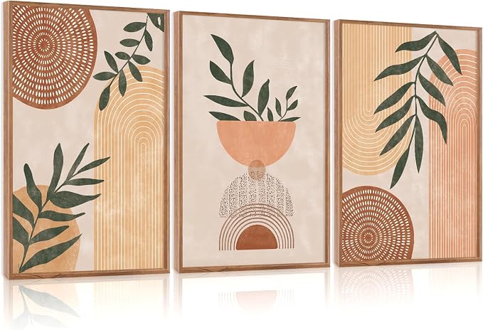 CHDITB Framed Boho Wall Art Set of 3, 16"x24" Mid Century Modern Wall Decor, Bohemian Sun Geometric Painting, Large Abstract Canvas Art Print for Living Room, Bedroom, Dining Room, Office, Bathroom