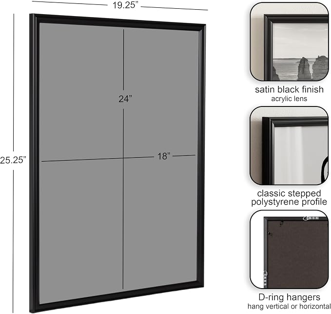 Kate and Laurel Adlynn Modern Rectangle Poster Frame, 20 x 26, Black, Minimal Large Photo Frame for Use as Movie Poster Display or Gallery Wall Piece in Living Room Wall Decor