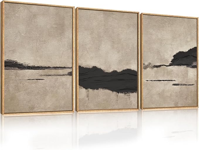 Aryroi Large Abstract Black and Tan Framed Canvas Wall Art,Vintage Minimalist Wall Decor,Neutral Brush Stroke Artwork,Modern Textured Art Print for Living Room,Bedroom,Office- 16"x24"x3
