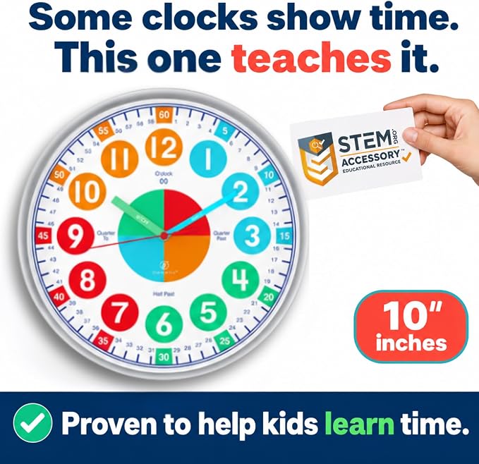 OWLCONIC Clock for Kids – Educational Analog Learning Wall Clock, Non Ticking Teaching Clock for Classroom & Homeschool, Silent Kids Bedroom Décor Bright