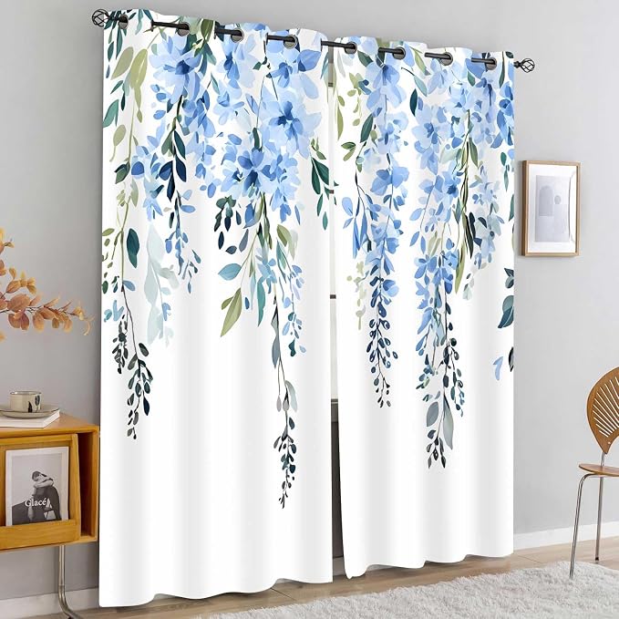 Blue Watercolor Floral Curtains, Botanical Leaves Vine Flowers Curtain, Rustic Farmhouse Flower Leaf Blackout Window Treatment Drapes for Bedroom Living Room 52x90 inch, 2 Panels