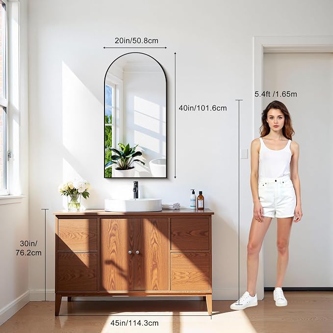 CIRCUMI Arched Wall Mirror, 20"x40" Black Arched Mirror with Tempered Glass, Metal Frame, Large Size for Bathroom, Living Room,Entryway,Over Sink, Arch Mirror for Decor,Shatterproof&Crystal-Clear
