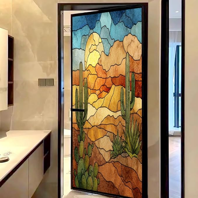 Sunset Desert Landscape Frosted Window Film, Retro Cactus Plant Texture Stained Glass Privacy Film, Heat Insulation Self-Adhesive Vinyl for Bathroom Office, 21.6Wx31.5L inch