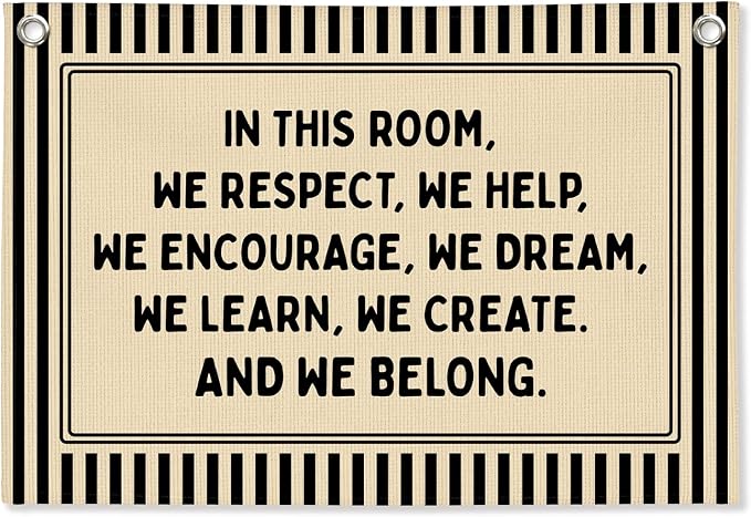 Classroom Decor, Retro Classroom Wall Hanging Canvas Banner Prints, in This Room We Respect Help Striped Wall Art Decor for Kids Nursery Toddler Room Bedroom Playroom, 30x20 Inch