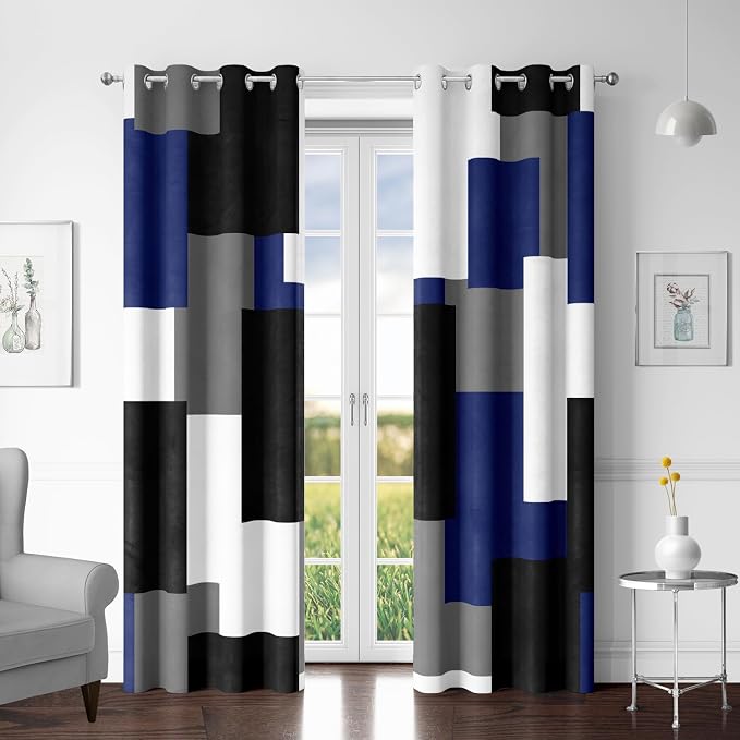 Tyrot Navy Blue Grey 100% Blackout Curtains for Bedroom 84 inch Long 2 Panels Set Gray Modern Abstract Geometric Black Out Curtains Insulated Room Darkening Window Drapes for Living Room, 52Wx84L