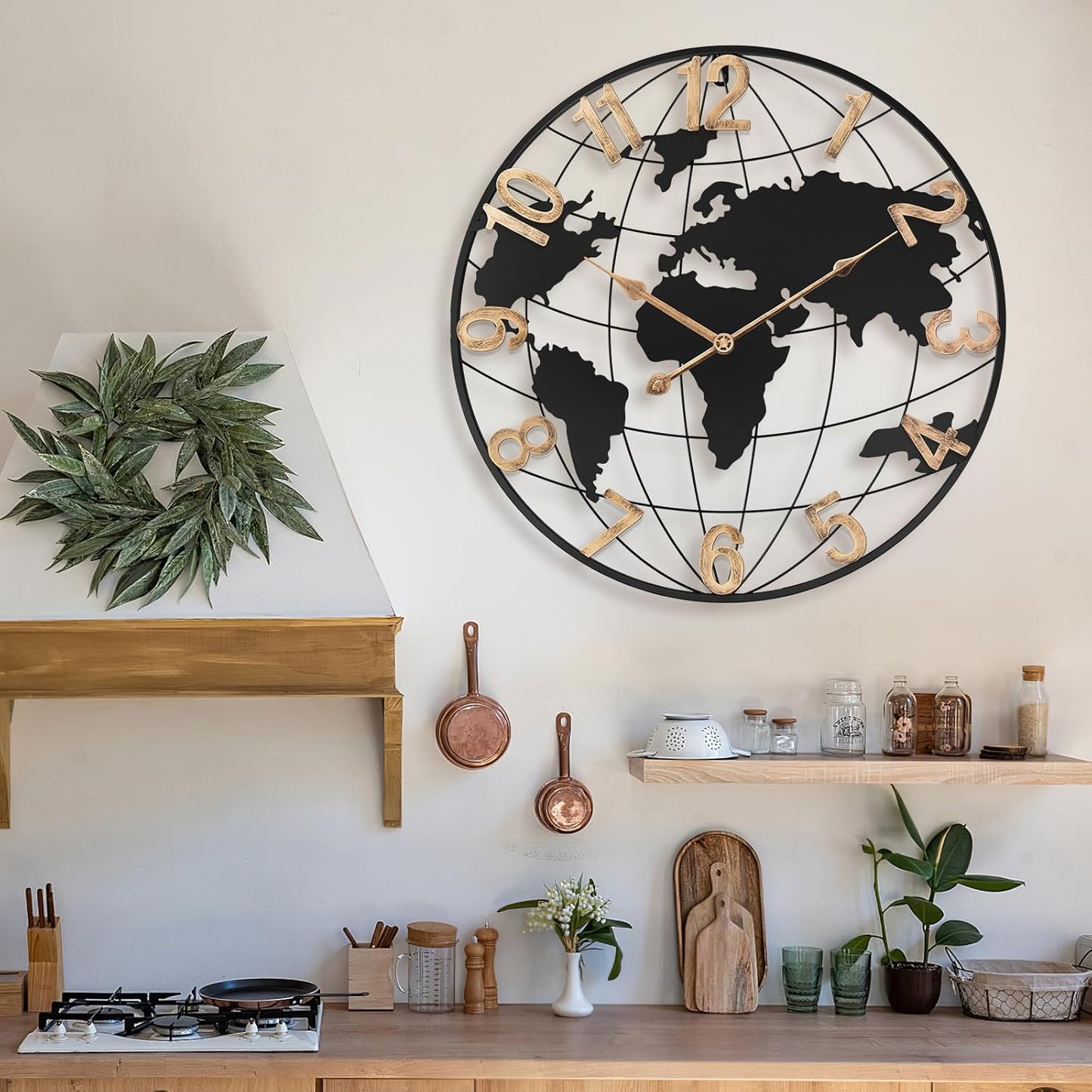 20 Inch Large Wall Clock for Living Room Decor,Big Modern Decorative Silent Metal World Map Wall Clock with Vintage Gold Arabic Numeral for Office,Living Room,Kitchen,Dining Room