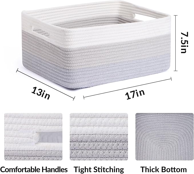 MiniArk Large Storage Baskets for Organizing, Closet Shelf Baskets for Clothes Blanket Towels, Baby Nursery, Toy Bins Box, Woven Rope Baskets, 17 x 13 x 7.5”, 4 Packs Gradient Grey