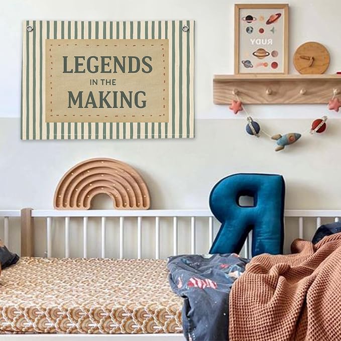 RTXLEZM Boys Room Decor, Legends in the Making Inspirational Canvas Banner | Retro Green Striped Motivational Wall Hanging for Toddler Boys Nursery Bedroom Playroom Decor, 20x30 Inch