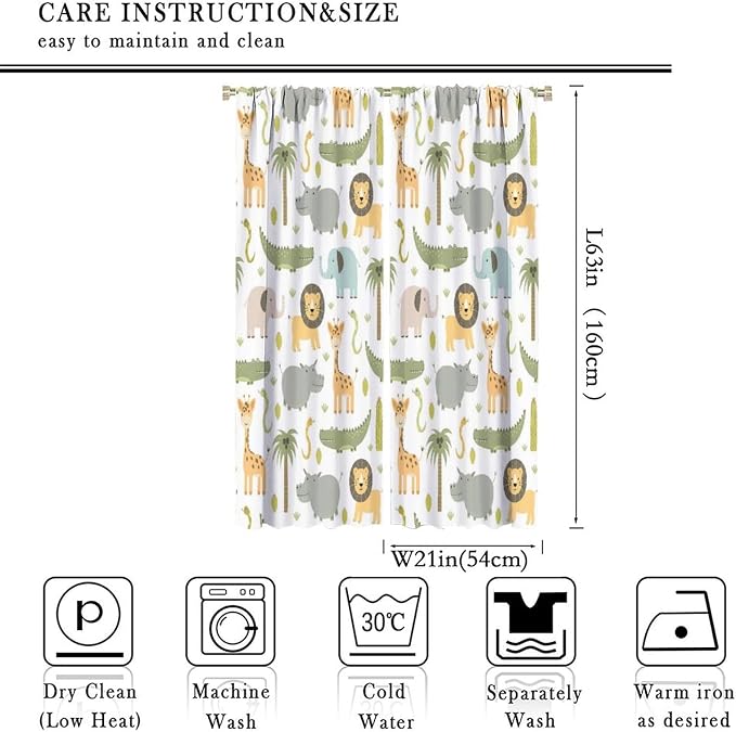 Nursery Safari Animals Curtains, Baby Boy Girl Kids Woodland Jungle Forest Lion Elephant Printed Curtains for Living Room Bedroom Window Drapes 2 Panel Sets42x63 Inch