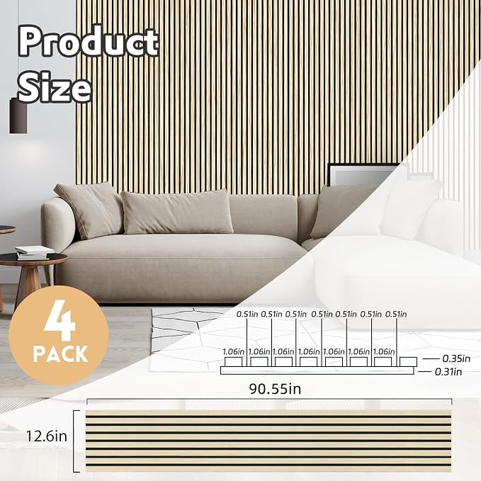 RITOLLO 4 Pack Wood Panels for Wall, 90.55"×12.6" Wood Slat Acoustic Panels for Wall, Soundproof Panels, 3D Fluted Panels for Interior Wall Decor (Natural Oak)