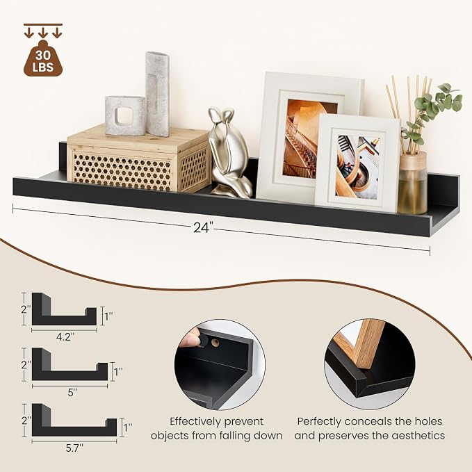 Heimlove Floating Shelves Set of 6, 24" Wall Mounted Picture Ledge, Display Shelf Organizer for Decor Storage, Wall Mounted Shelves for Living Room, Bedroom, Bathroom, Kitchen (Black)