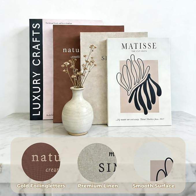 4PCS Decorative Book w/Wood Knot & Gold Ginkgo Leaf Statue, Book Shelf Decor Minimalist Linen Hardcover Faux/Fake Books for Coffee Table Home Decor Living Room Decoration, Photo Storage