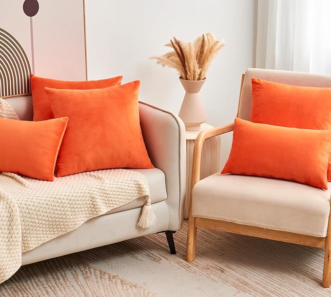Fall Orange Throw Pillow Covers Decorative Velvet Set of 2 24x24 Inch Pillow Covers, Soft Burnt Orange Pillowcases for Couch Sofa Bed Living Room, Farmhouse Boho Decor, Accent Cushion Covers