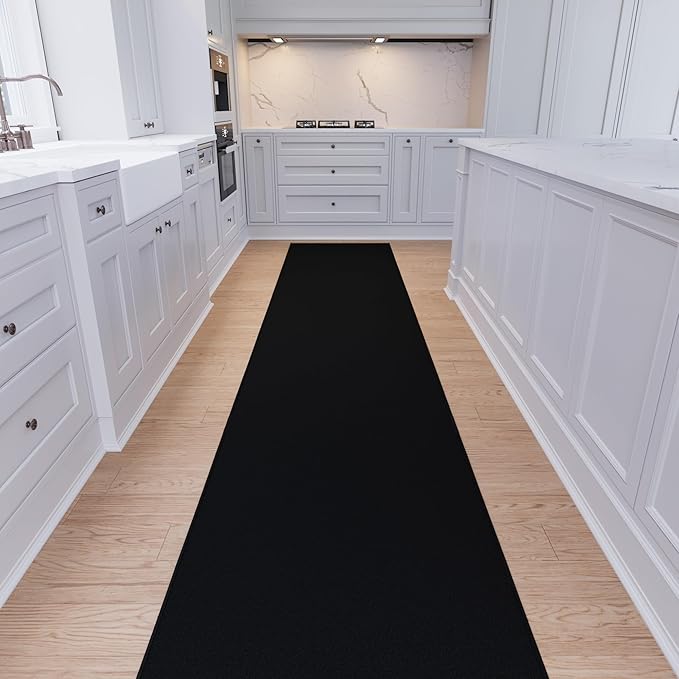 Ottomanson Aisle Runner Rug – Non-Slip Low Pile Carpet Runner for Long Hallways & Corridors, Stain Resistant & Easy to Clean, Solid Black, 2'7" x 30'