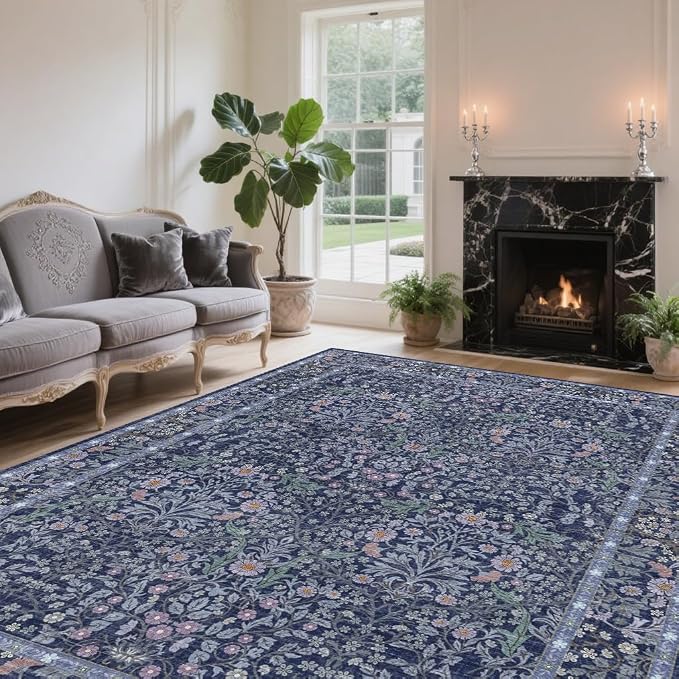 8x10 Washable Area Rugs for Living Room, Stain Resistant Vintage Rugs for Dining Room Under Kitchen Table, Bedroom, Floral Low Pile Non-Slip Large Carpet (8 x 10 Blue)
