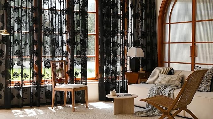 Treatmentex Black Sheer Lace Curtains for Bedroom Living Room Studio 102inch Long Vintage Rose Floral Embroidered Semi Sheer Curtain Panels Privacy Leaf Sheer Drapes with Scalloped Edge 54" w 2pcs