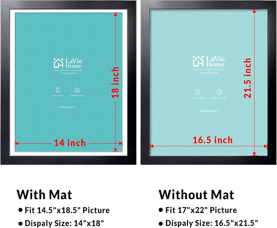 LaVie Home 17 x 22 Poster Frame Black, Display Pictures 14x18 with Mat or 17x22 Without Mat, Stable and Sturdy Picture Frame and Polished Plexiglass, Horizontal and Vertical Format of The Wall（1 Pack）